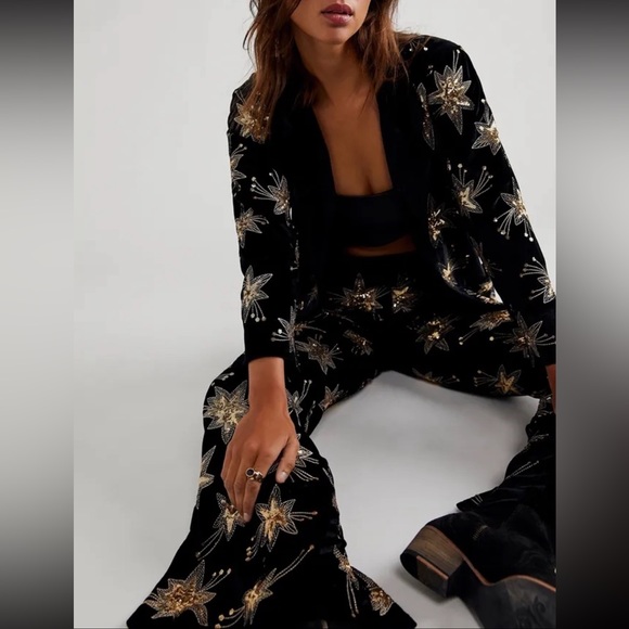 New LENNI x Free People XS Black Sequin Star Embroidered 2-Pc Jacket & Pant Set - Picture 2 of 15